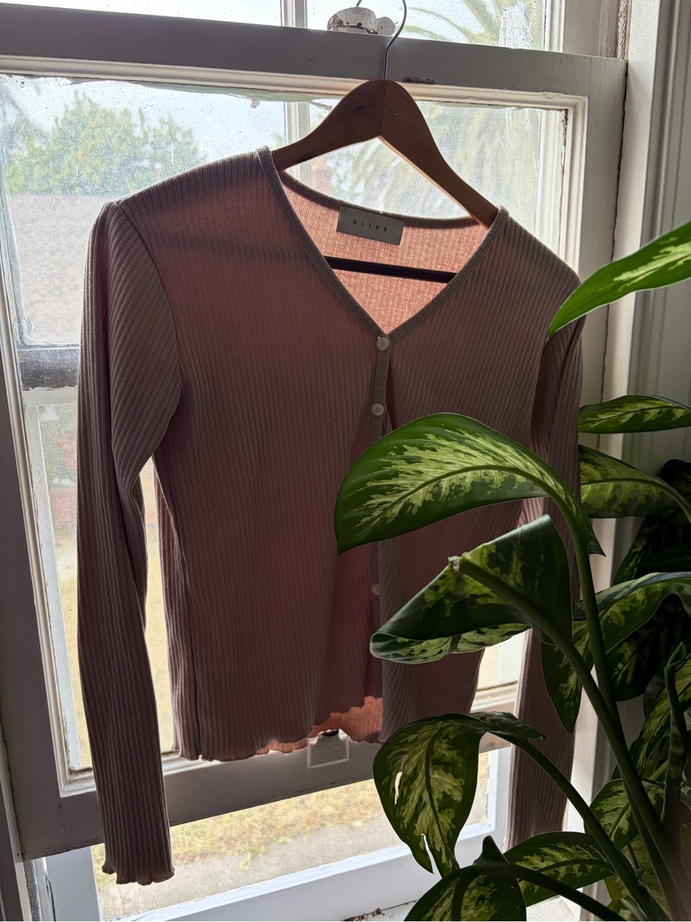 OLIVE Ribbed V-Neck Button Cardigan - Tan